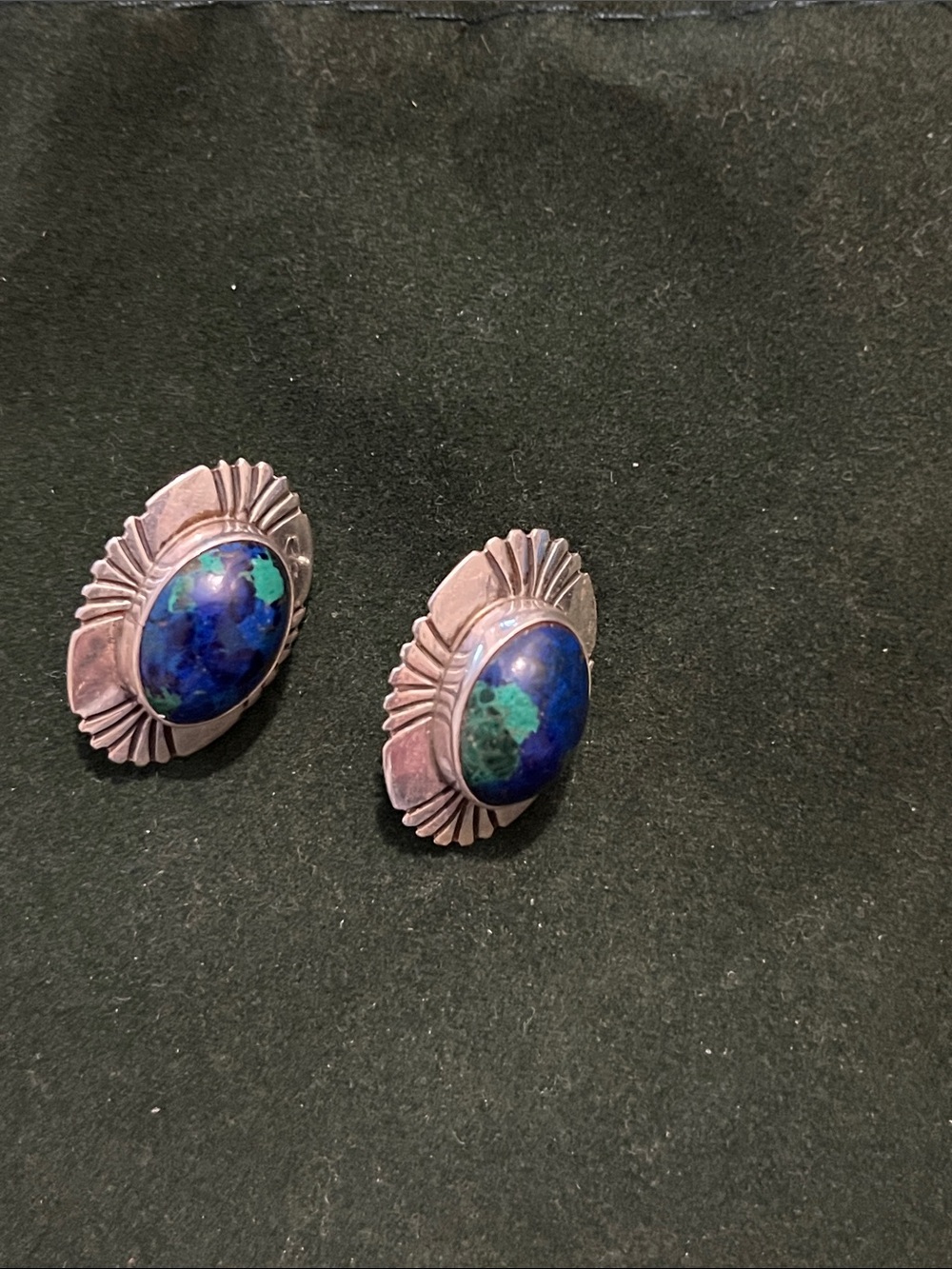 Nakai sterling silver earrings with oval azurite and malachite cabachon stones